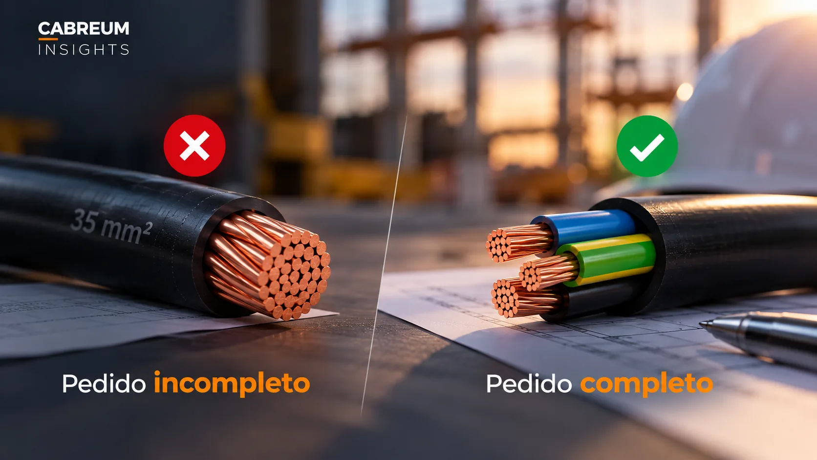 Comparação visual entre um pedido incompleto e um pedido completo de cotação de cabo elétrico.