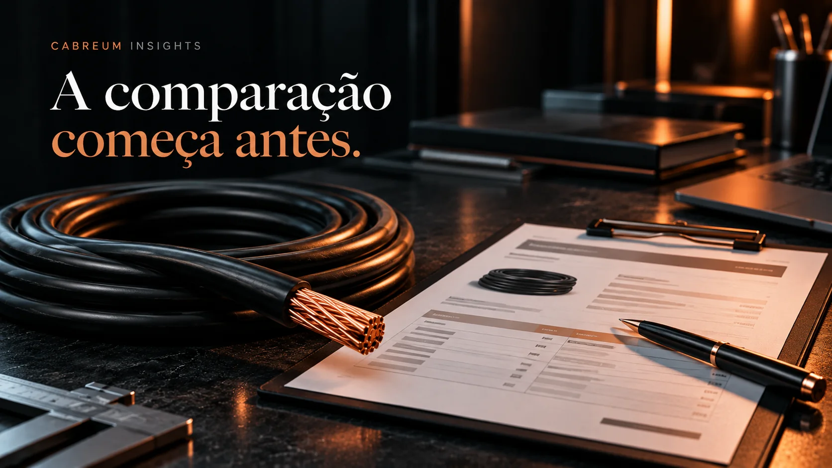 Cabo elétrico ao lado de uma ficha de comparação, ilustrando a preparação antes de avaliar propostas.