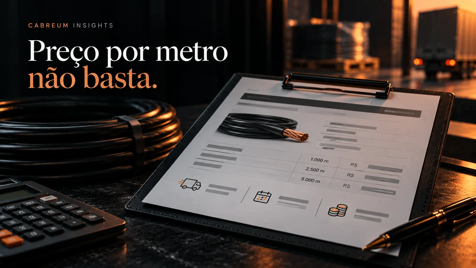 Composição editorial com cabo, planilha, calculadora e elementos de entrega, prazo e custo.