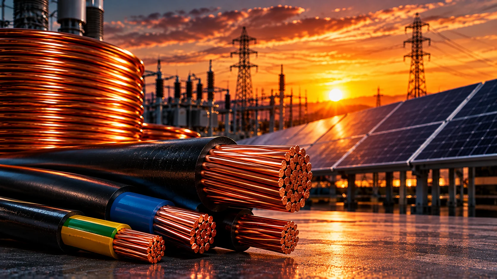 Cabos de cobre diante de painéis solares e subestação